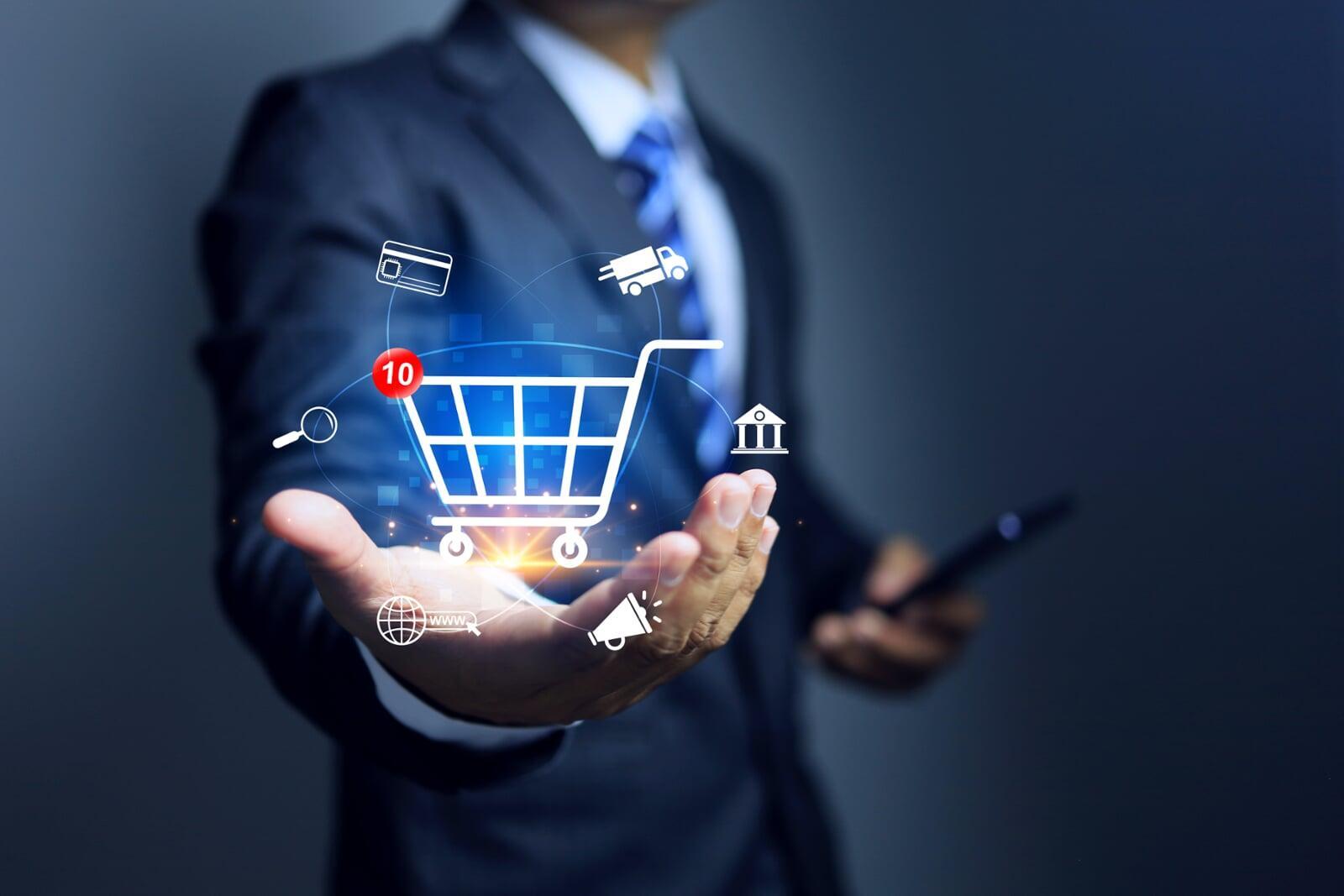 Business person with data on the profit margins in a shopping cart