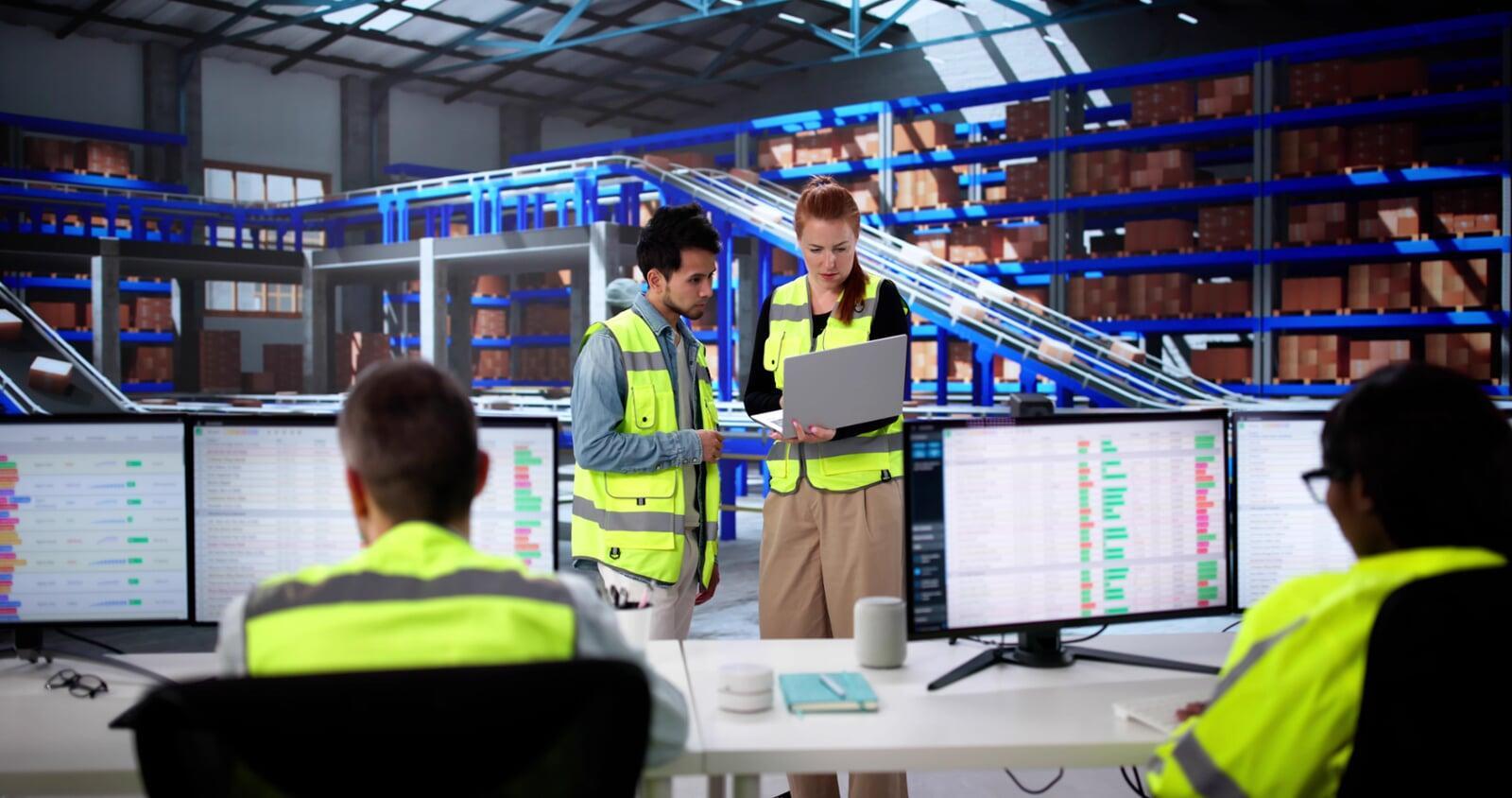 Four warehouse managers working on inventory spreadsheets